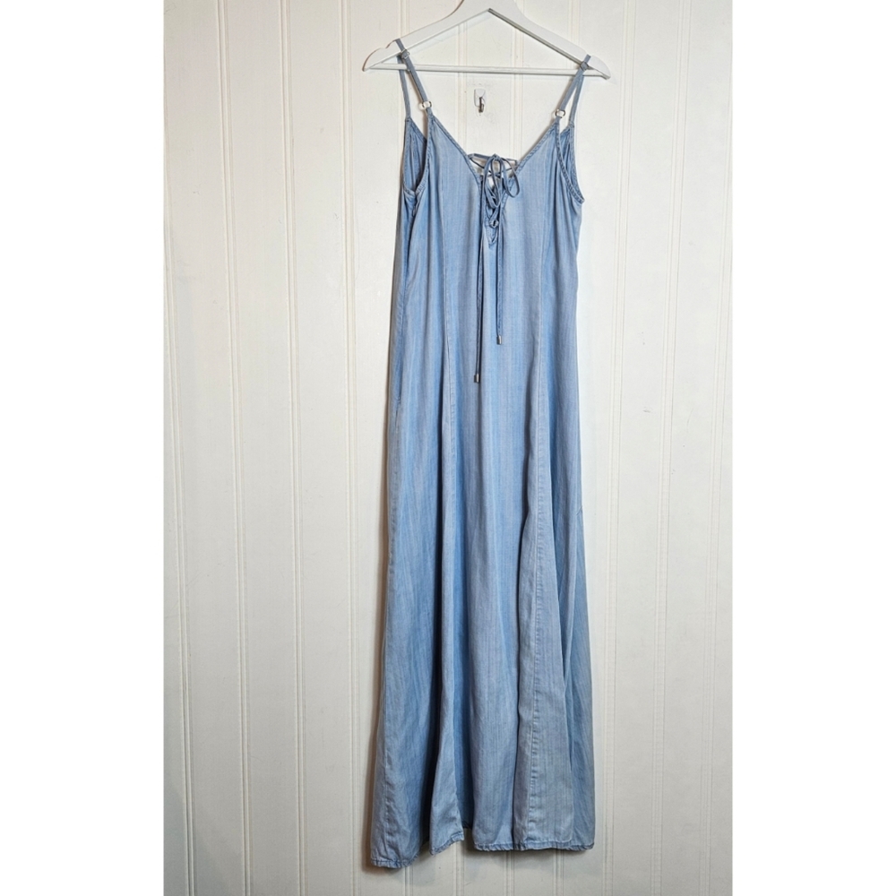 WHBM Blue Chambray Lace-Up Back Maxi Dress Women’s Size 14 Elegant - Picture 8 of 15